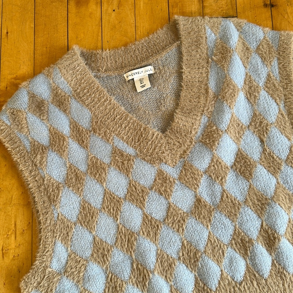 Sincerely Jules Large Brown and Blue Argyle V-Neck Fuzzy Sweater Vest
